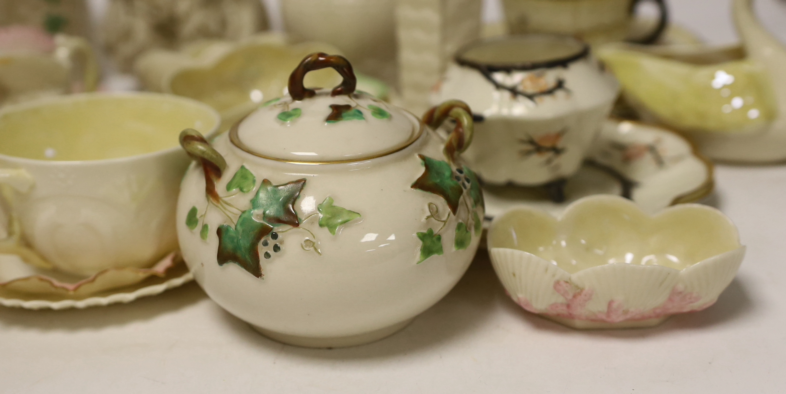 A quantity of Belleek porcelain tea and decorative wares, 1st period and later